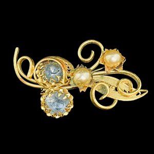 Western Germany Gold Tone W/Blue Glass Stones & Faux Pearls Brooch (4619)